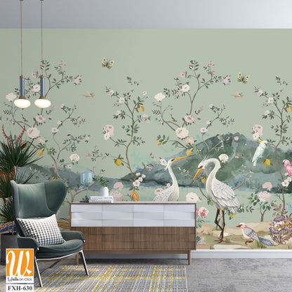 Chinoiseries style Seamless pattern with peonies trees, butterfly and birds . Vector. [WP-FXH-630]