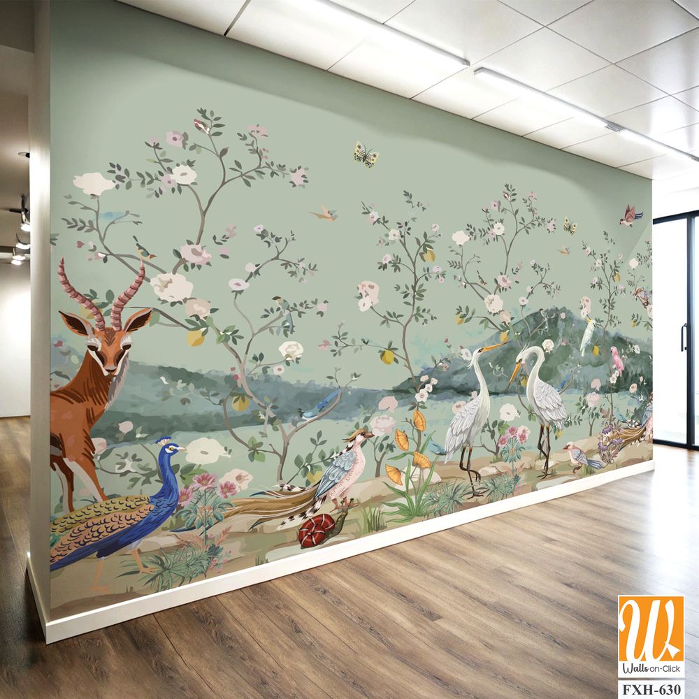 Chinoiseries style Seamless pattern with peonies trees, butterfly and birds . Vector. [WP-FXH-630]