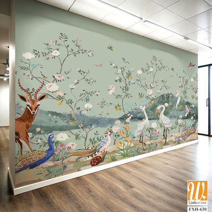 Chinoiseries style Seamless pattern with peonies trees, butterfly and birds . Vector. [WP-FXH-630]