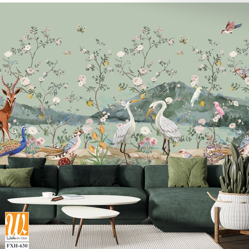 Chinoiseries style Seamless pattern with peonies trees, butterfly and birds . Vector. [WP-FXH-630]