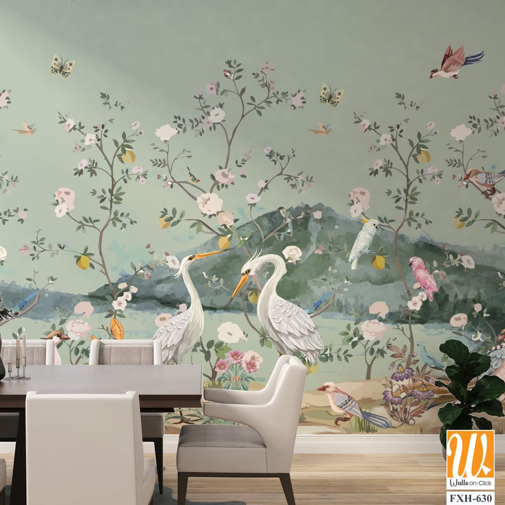 Chinoiseries style Seamless pattern with peonies trees, butterfly and birds . Vector. [WP-FXH-630]
