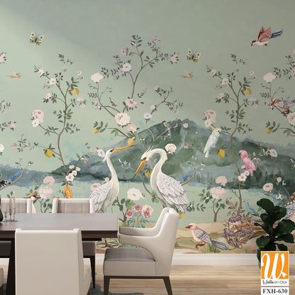 Chinoiseries style Seamless pattern with peonies trees, butterfly and birds . Vector. [WP-FXH-630]