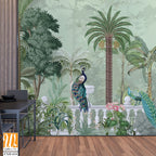 Traditional Mughal garden illustration pattern for wallpaper, peacock, Bird, Watercolor Background. [WP-FXH-634]
