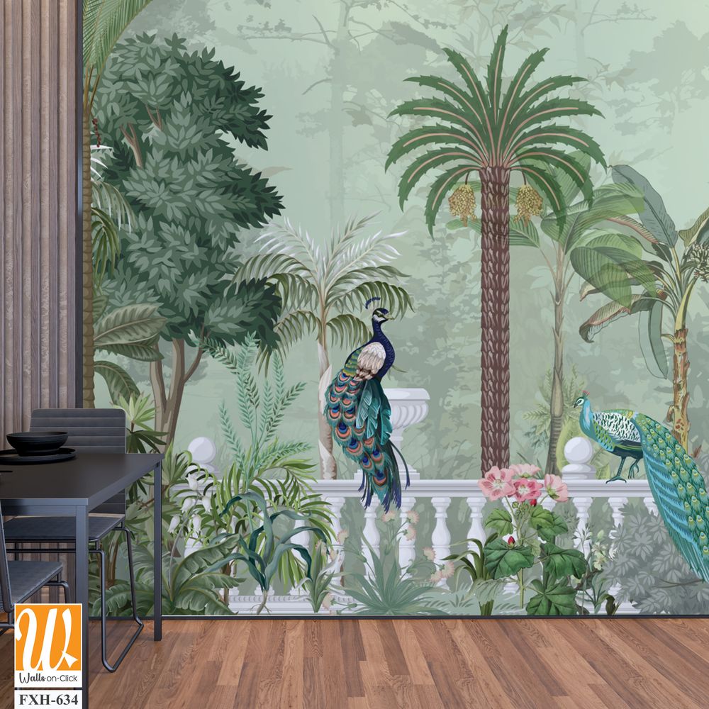 Traditional Mughal garden illustration pattern for wallpaper, peacock, Bird, Watercolor Background. [WP-FXH-634]