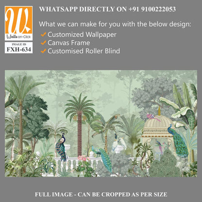 Traditional Mughal garden illustration pattern for wallpaper, peacock, Bird, Watercolor Background. [WP-FXH-634]