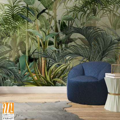 A whole world created by the artists brush, which combines fiction and colorful reality. Bright green tropic, art pattern on a textured background, photo wallpaper for the interior. [WP-FXH-637]