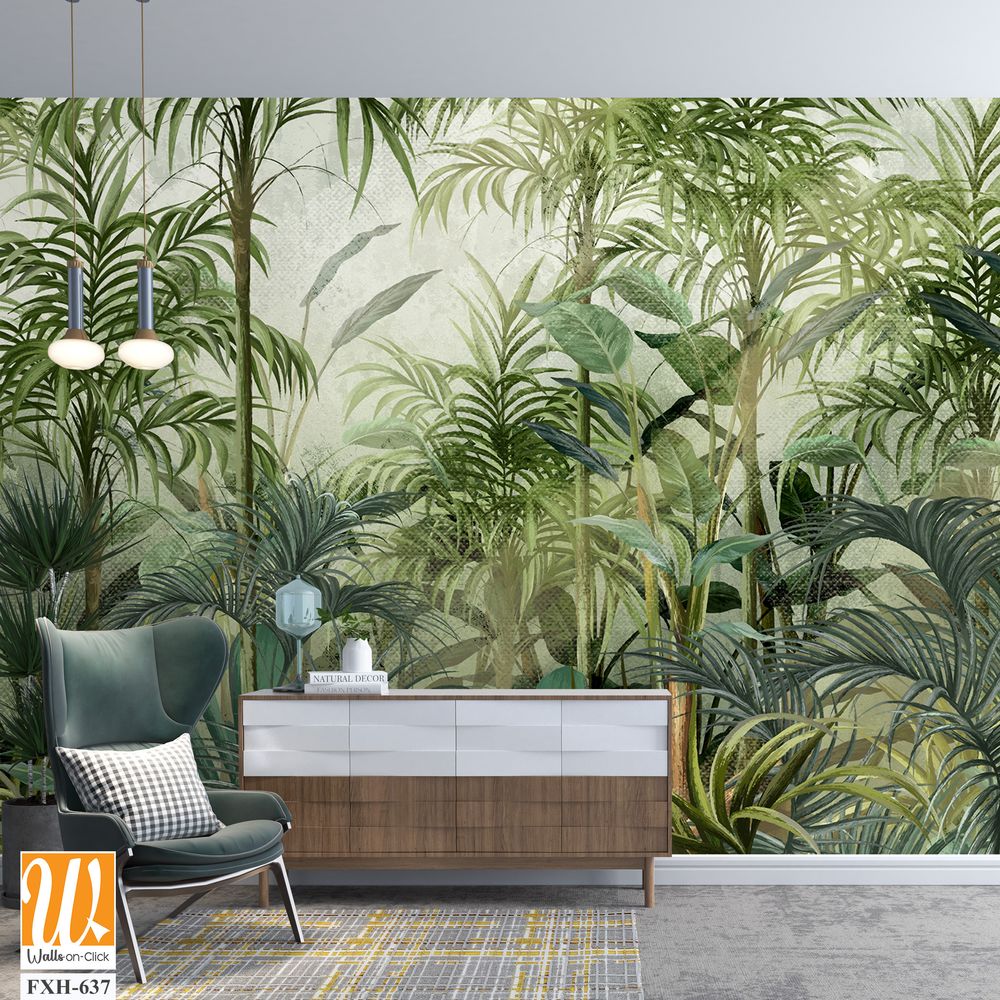 A whole world created by the artists brush, which combines fiction and colorful reality. Bright green tropic, art pattern on a textured background, photo wallpaper for the interior. [WP-FXH-637]