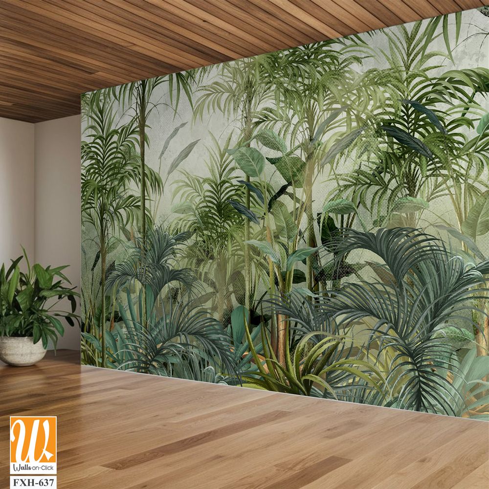 A whole world created by the artists brush, which combines fiction and colorful reality. Bright green tropic, art pattern on a textured background, photo wallpaper for the interior. [WP-FXH-637]
