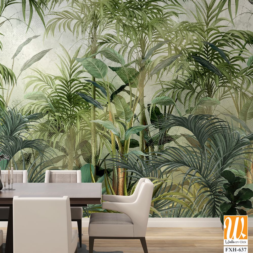 A whole world created by the artists brush, which combines fiction and colorful reality. Bright green tropic, art pattern on a textured background, photo wallpaper for the interior. [WP-FXH-637]