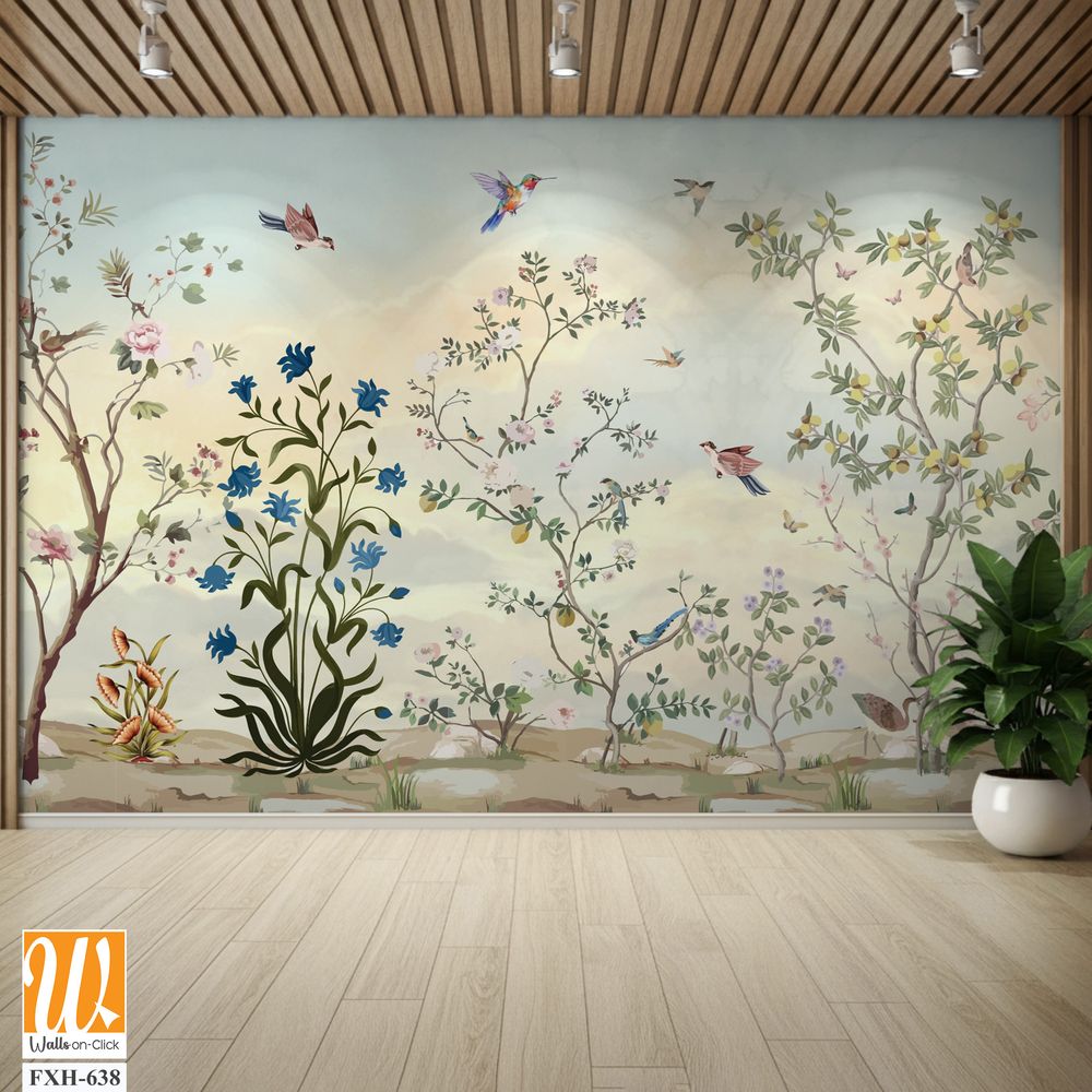 Vintage garden tree floral seamless pattern white background. Botanical chinoiserie wallpaper, Watercolor Background. [WP-FXH-638]