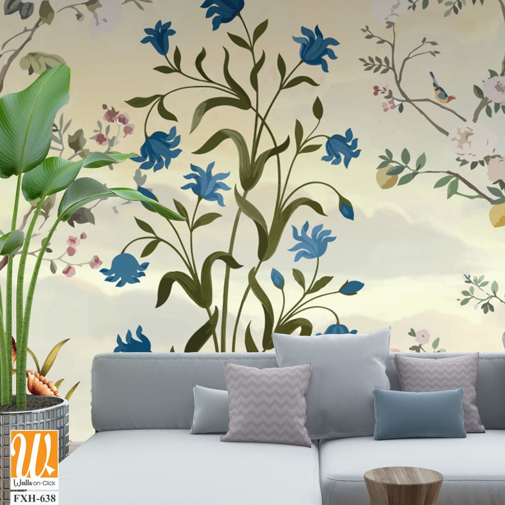 Vintage garden tree floral seamless pattern white background. Botanical chinoiserie wallpaper, Watercolor Background. [WP-FXH-638]