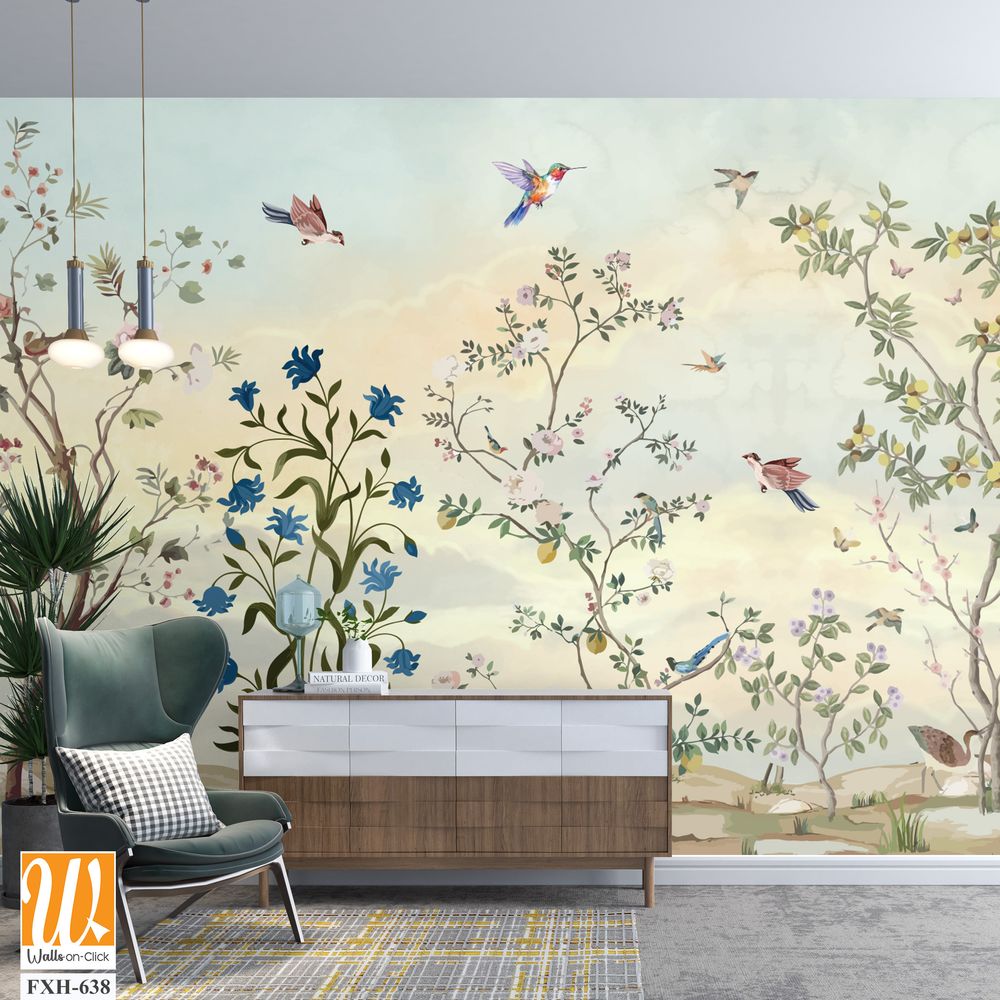 Vintage garden tree floral seamless pattern white background. Botanical chinoiserie wallpaper, Watercolor Background. [WP-FXH-638]