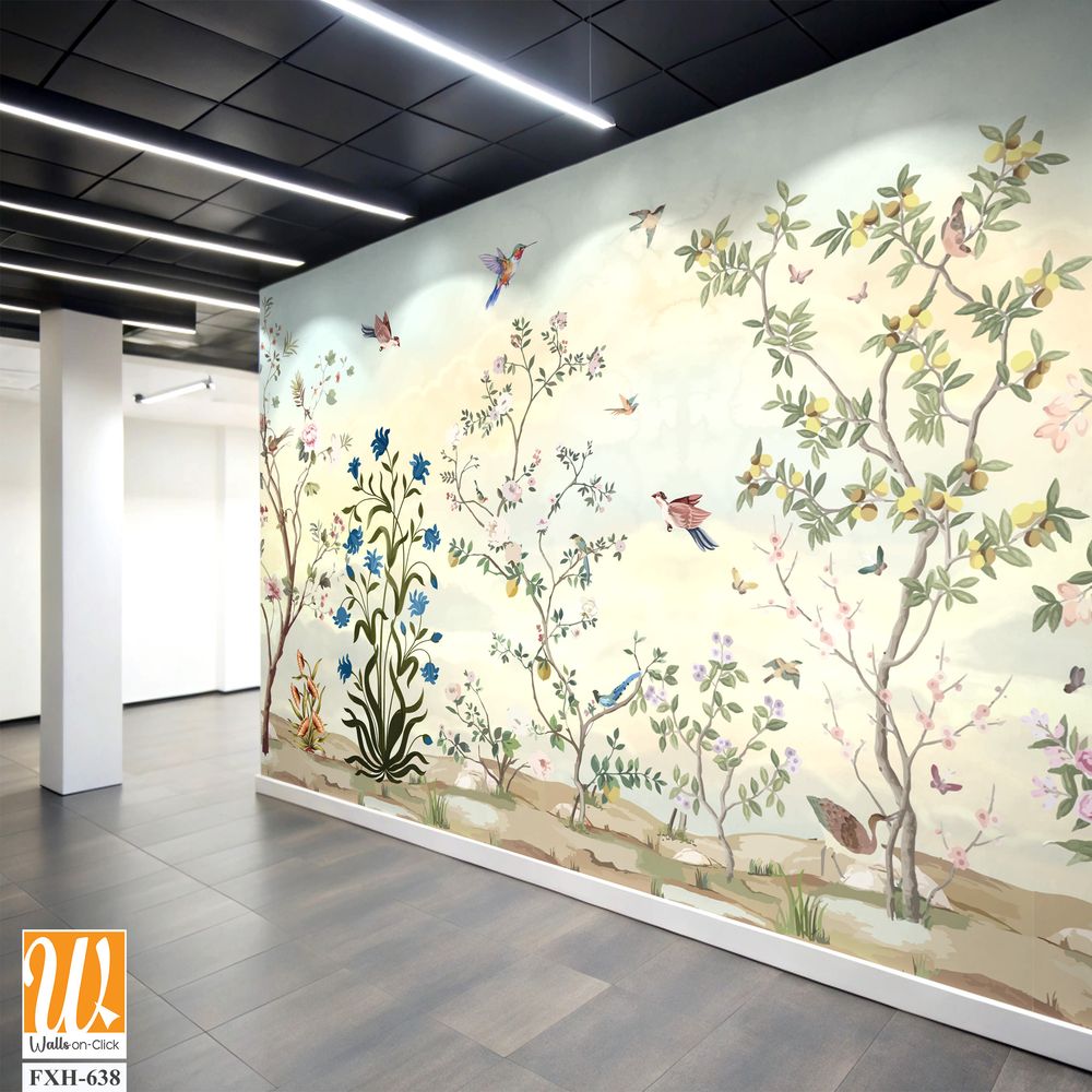 Vintage garden tree floral seamless pattern white background. Botanical chinoiserie wallpaper, Watercolor Background. [WP-FXH-638]