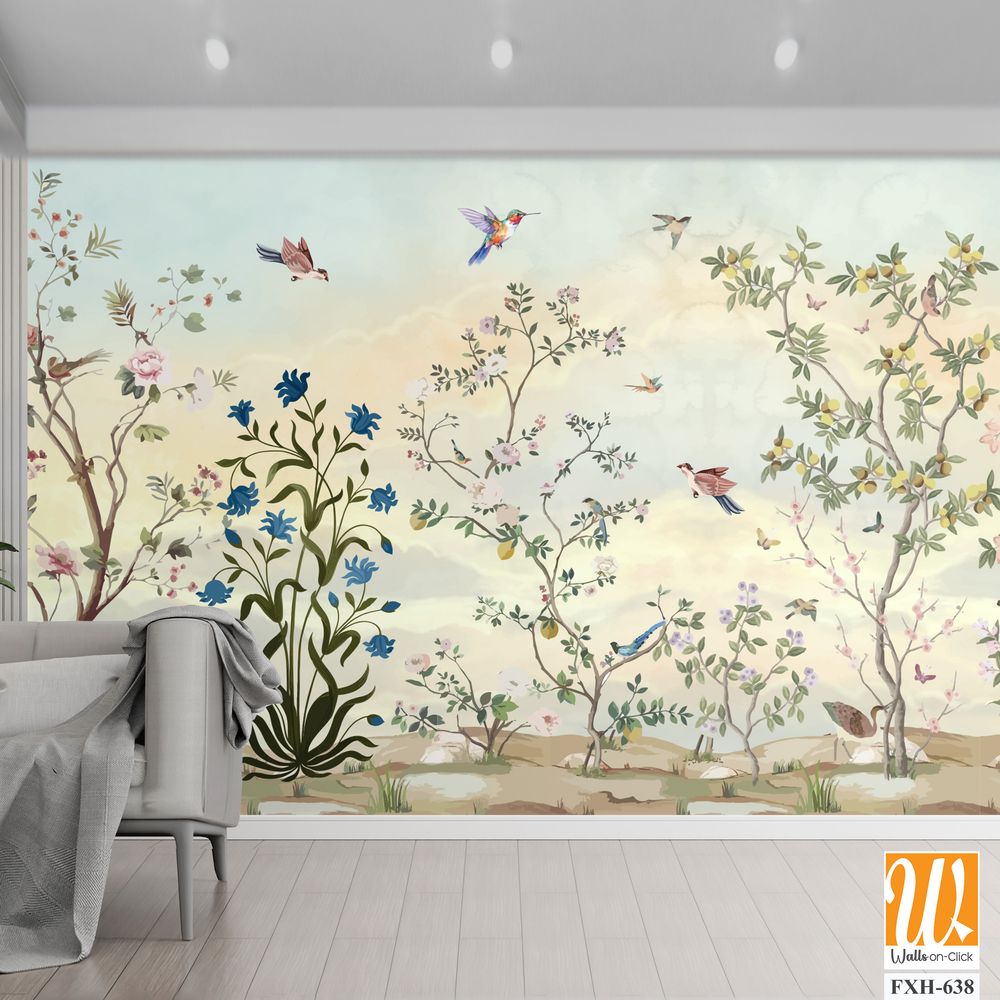 Vintage garden tree floral seamless pattern white background. Botanical chinoiserie wallpaper, Watercolor Background. [WP-FXH-638]