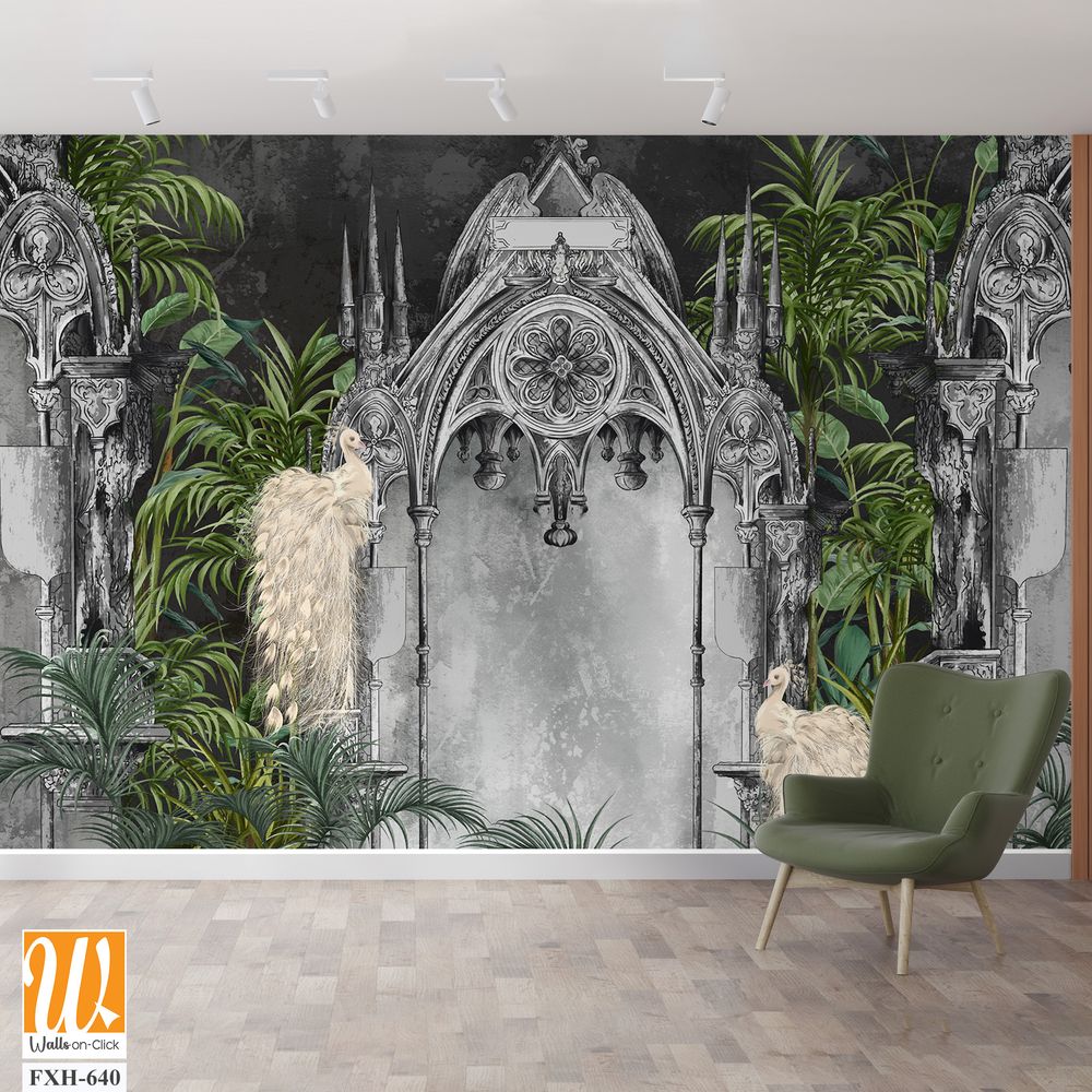 Wallpaper depicting white peacocks against a background of gray Gothic arches in tropical plants on a textured background, art drawing, photo wallpaper for the interior. [WP-FXH-640]