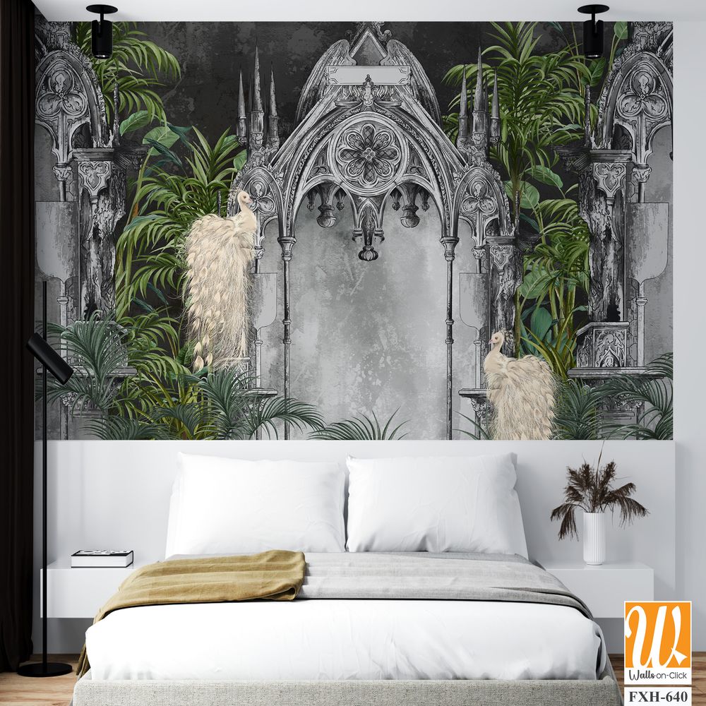 Wallpaper depicting white peacocks against a background of gray Gothic arches in tropical plants on a textured background, art drawing, photo wallpaper for the interior. [WP-FXH-640]