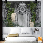 Wallpaper depicting white peacocks against a background of gray Gothic arches in tropical plants on a textured background, art drawing, photo wallpaper for the interior. [WP-FXH-640]