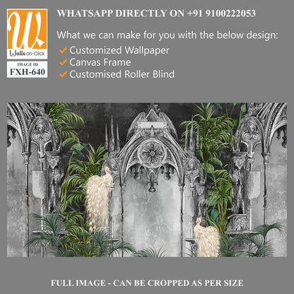 Wallpaper depicting white peacocks against a background of gray Gothic arches in tropical plants on a textured background, art drawing, photo wallpaper for the interior. [WP-FXH-640]