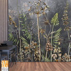 Art drawn dried flowers on a dark textured background, pattern in dark gray and beige tones, wallpaper for the interior [WP-FXH-643]