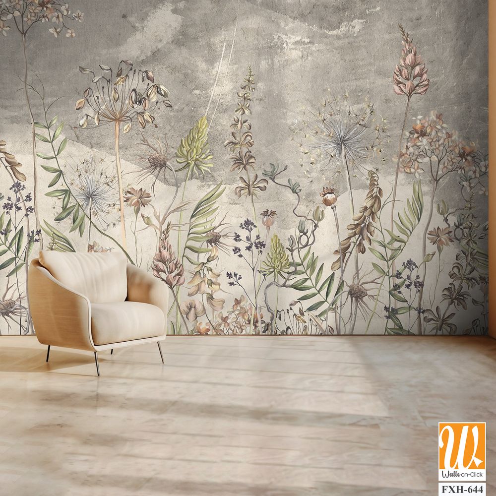 Art drawing in vintage style in light beige tones, wallpaper on which dried flowers are depicted, texture background. [WP-FXH-644]