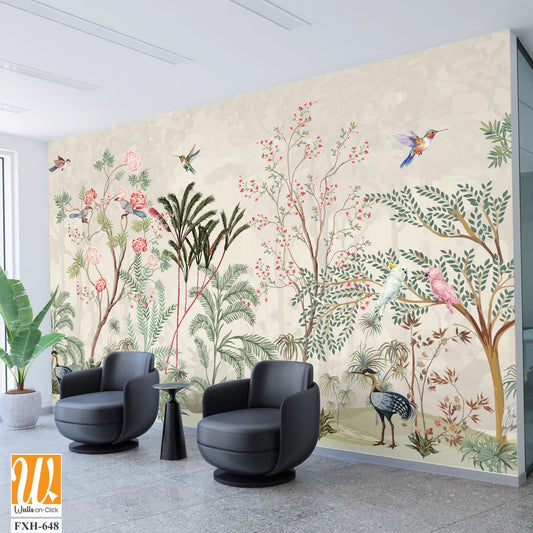 Blossom tree With sparrow, finches, butterflies, dragonflies. Seamless pattern, background. Vector illustration. Chinoiserie, traditional oriental botanical motif. [WP-FXH-648]