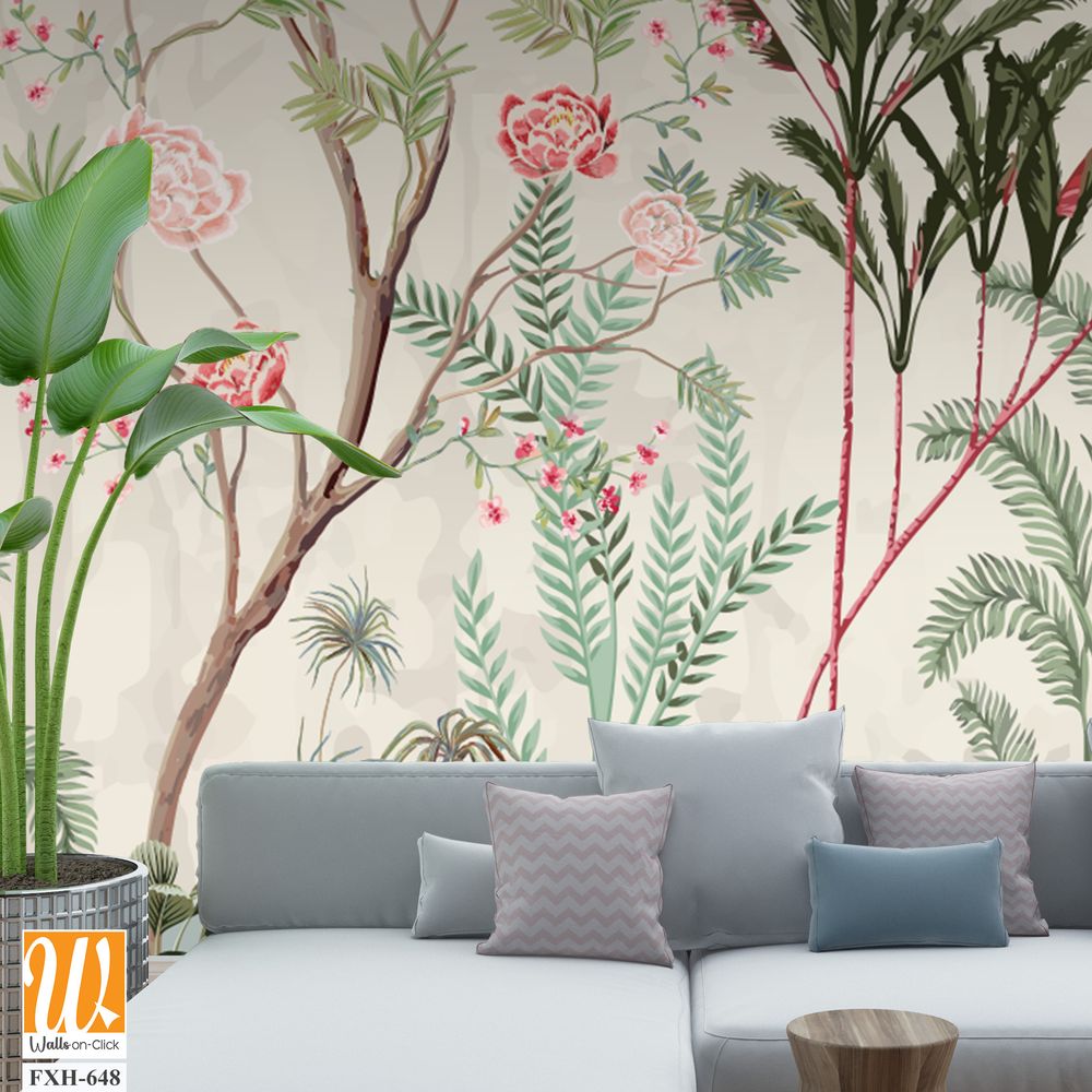 Blossom tree With sparrow, finches, butterflies, dragonflies. Seamless pattern, background. Vector illustration. Chinoiserie, traditional oriental botanical motif. [WP-FXH-648]