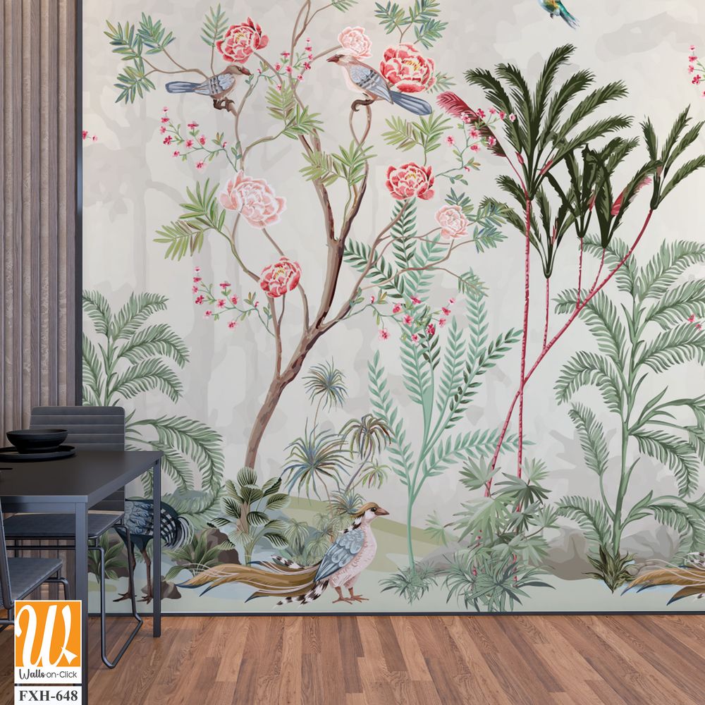 Blossom tree With sparrow, finches, butterflies, dragonflies. Seamless pattern, background. Vector illustration. Chinoiserie, traditional oriental botanical motif. [WP-FXH-648]