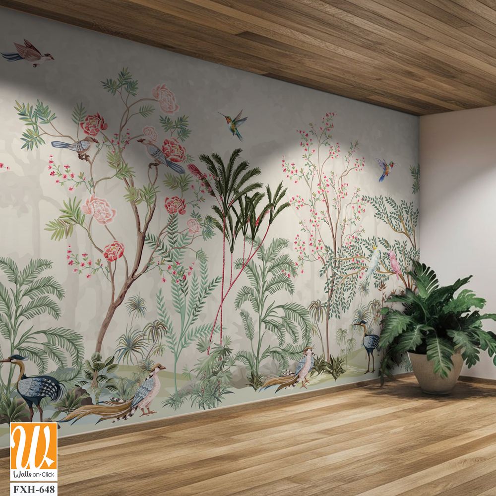Blossom tree With sparrow, finches, butterflies, dragonflies. Seamless pattern, background. Vector illustration. Chinoiserie, traditional oriental botanical motif. [WP-FXH-648]