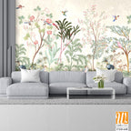 Blossom tree With sparrow, finches, butterflies, dragonflies. Seamless pattern, background. Vector illustration. Chinoiserie, traditional oriental botanical motif. [WP-FXH-648]