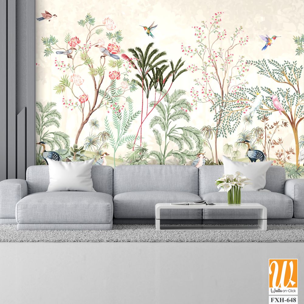Blossom tree With sparrow, finches, butterflies, dragonflies. Seamless pattern, background. Vector illustration. Chinoiserie, traditional oriental botanical motif. [WP-FXH-648]