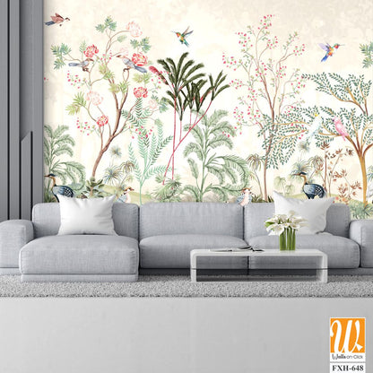 Blossom tree With sparrow, finches, butterflies, dragonflies. Seamless pattern, background. Vector illustration. Chinoiserie, traditional oriental botanical motif. [WP-FXH-648]