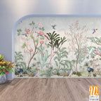 Blossom tree With sparrow, finches, butterflies, dragonflies. Seamless pattern, background. Vector illustration. Chinoiserie, traditional oriental botanical motif. [WP-FXH-648]