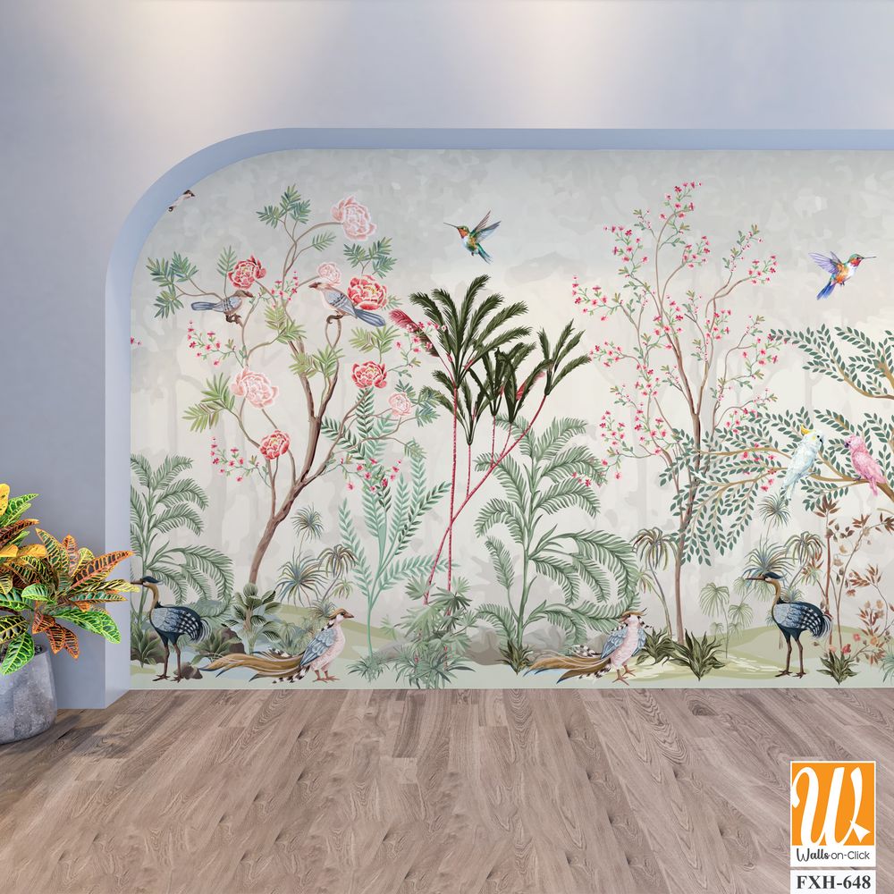 Blossom tree With sparrow, finches, butterflies, dragonflies. Seamless pattern, background. Vector illustration. Chinoiserie, traditional oriental botanical motif. [WP-FXH-648]