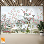 Blossom tree With sparrow, finches, butterflies, dragonflies. Seamless pattern, background. Vector illustration. Chinoiserie, traditional oriental botanical motif. Mughal Plants, Peacock. [WP-FXH-649]