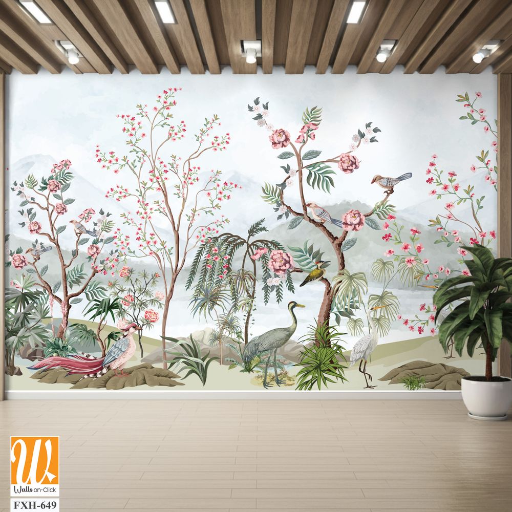 Blossom tree With sparrow, finches, butterflies, dragonflies. Seamless pattern, background. Vector illustration. Chinoiserie, traditional oriental botanical motif. Mughal Plants, Peacock. [WP-FXH-649]