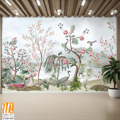 Blossom tree With sparrow, finches, butterflies, dragonflies. Seamless pattern, background. Vector illustration. Chinoiserie, traditional oriental botanical motif. Mughal Plants, Peacock. [WP-FXH-649]