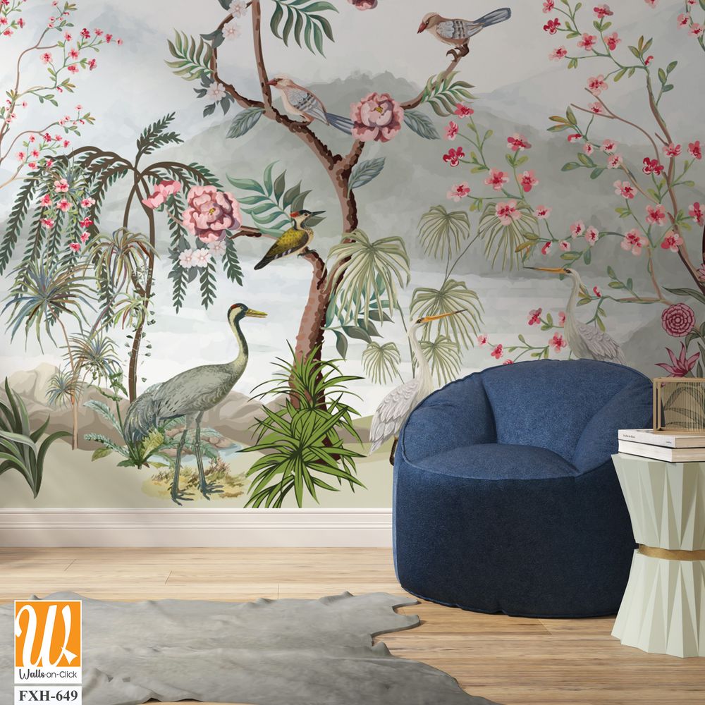 Blossom tree With sparrow, finches, butterflies, dragonflies. Seamless pattern, background. Vector illustration. Chinoiserie, traditional oriental botanical motif. Mughal Plants, Peacock. [WP-FXH-649]