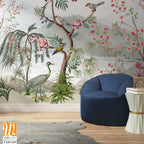 Blossom tree With sparrow, finches, butterflies, dragonflies. Seamless pattern, background. Vector illustration. Chinoiserie, traditional oriental botanical motif. Mughal Plants, Peacock. [WP-FXH-649]