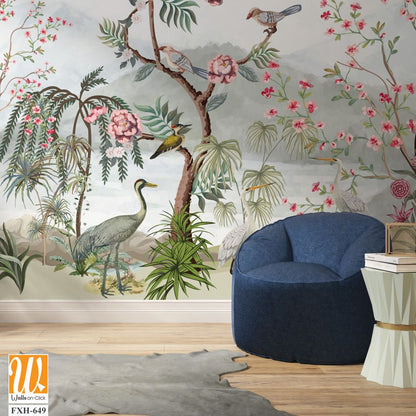 Blossom tree With sparrow, finches, butterflies, dragonflies. Seamless pattern, background. Vector illustration. Chinoiserie, traditional oriental botanical motif. Mughal Plants, Peacock. [WP-FXH-649]