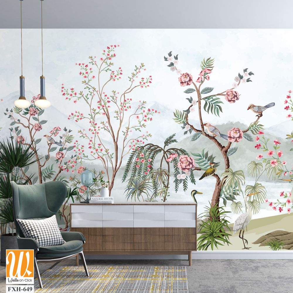 Blossom tree With sparrow, finches, butterflies, dragonflies. Seamless pattern, background. Vector illustration. Chinoiserie, traditional oriental botanical motif. Mughal Plants, Peacock. [WP-FXH-649]