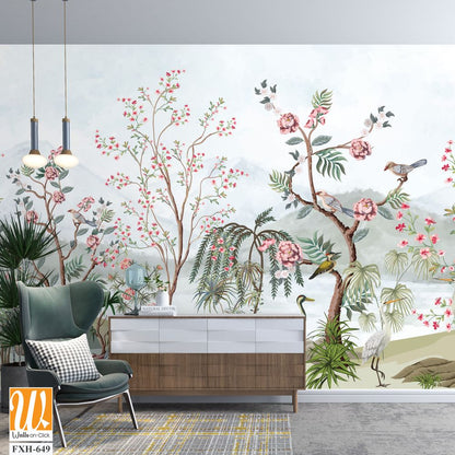 Blossom tree With sparrow, finches, butterflies, dragonflies. Seamless pattern, background. Vector illustration. Chinoiserie, traditional oriental botanical motif. Mughal Plants, Peacock. [WP-FXH-649]