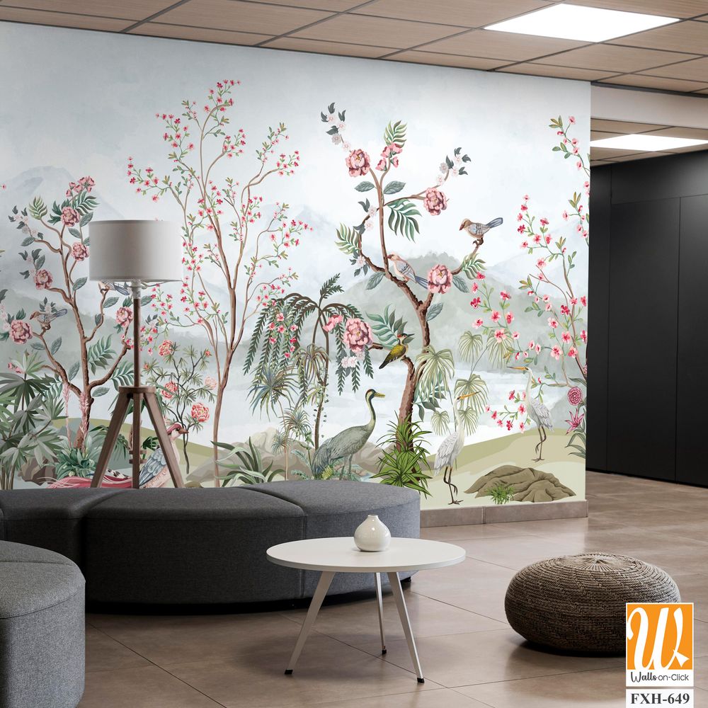 Blossom tree With sparrow, finches, butterflies, dragonflies. Seamless pattern, background. Vector illustration. Chinoiserie, traditional oriental botanical motif. Mughal Plants, Peacock. [WP-FXH-649]