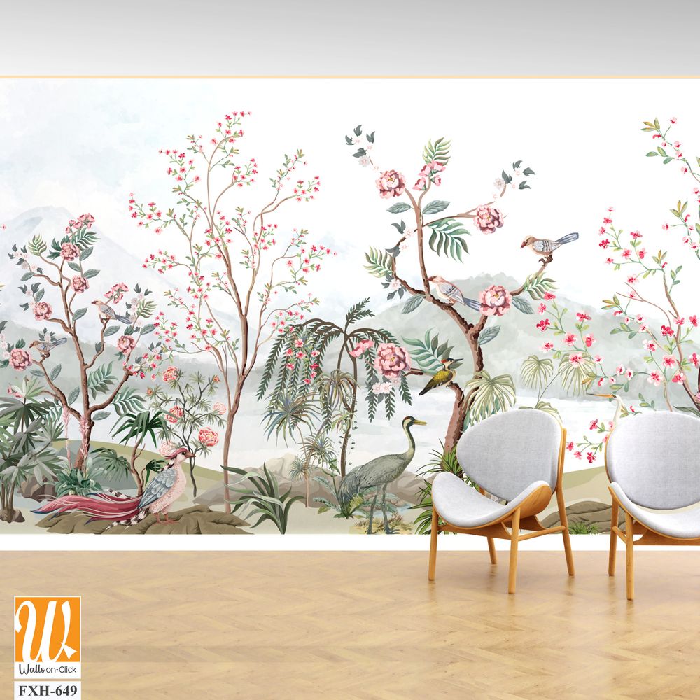 Blossom tree With sparrow, finches, butterflies, dragonflies. Seamless pattern, background. Vector illustration. Chinoiserie, traditional oriental botanical motif. Mughal Plants, Peacock. [WP-FXH-649]