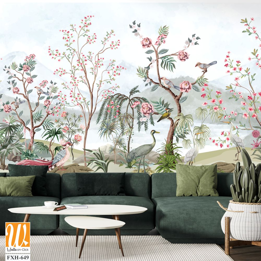 Blossom tree With sparrow, finches, butterflies, dragonflies. Seamless pattern, background. Vector illustration. Chinoiserie, traditional oriental botanical motif. Mughal Plants, Peacock. [WP-FXH-649]