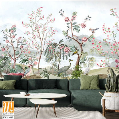 Blossom tree With sparrow, finches, butterflies, dragonflies. Seamless pattern, background. Vector illustration. Chinoiserie, traditional oriental botanical motif. Mughal Plants, Peacock. [WP-FXH-649]
