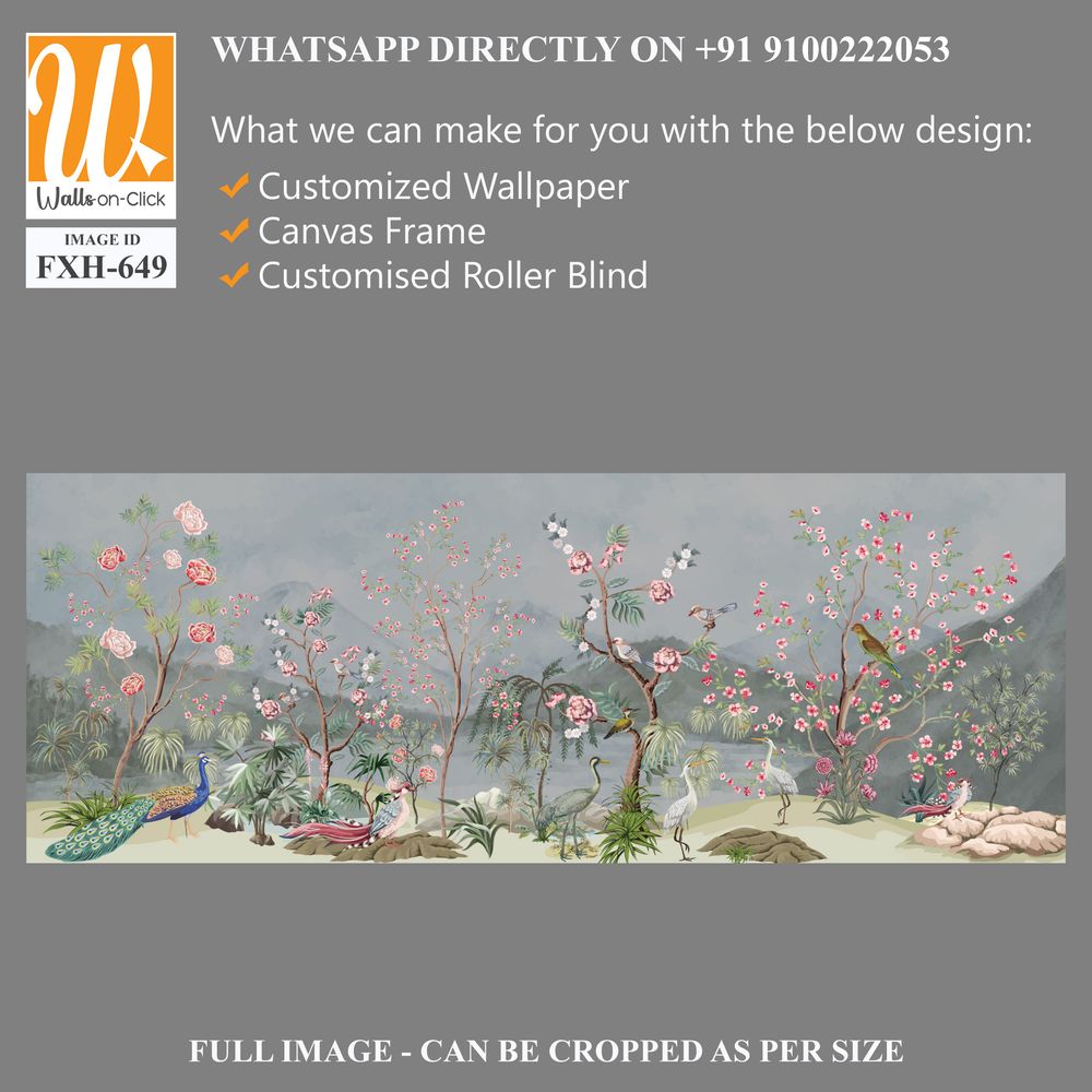 Blossom tree With sparrow, finches, butterflies, dragonflies. Seamless pattern, background. Vector illustration. Chinoiserie, traditional oriental botanical motif. Mughal Plants, Peacock. [WP-FXH-649]