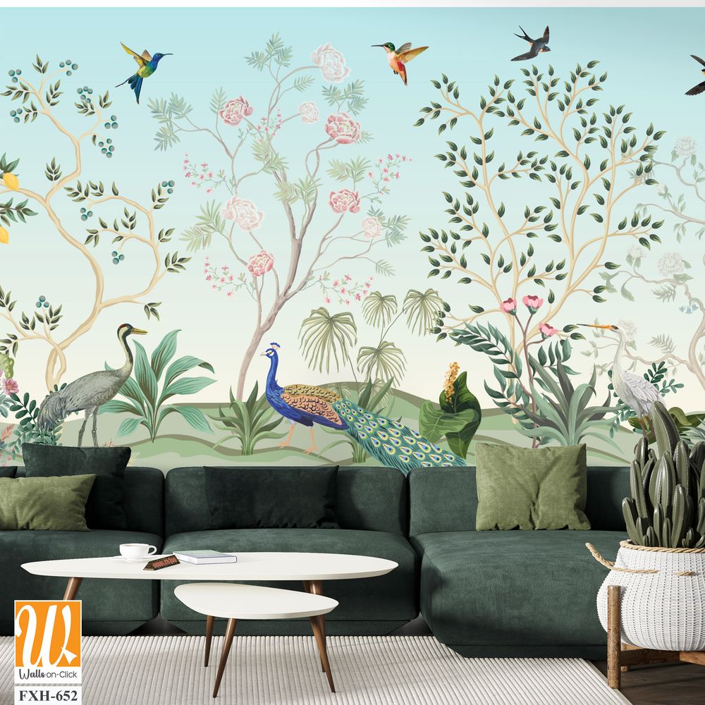 Blossom Chinoisserie Mural wallpaper, Birds, Peacock, Watercolor tree and background. [WP-FXH-652]