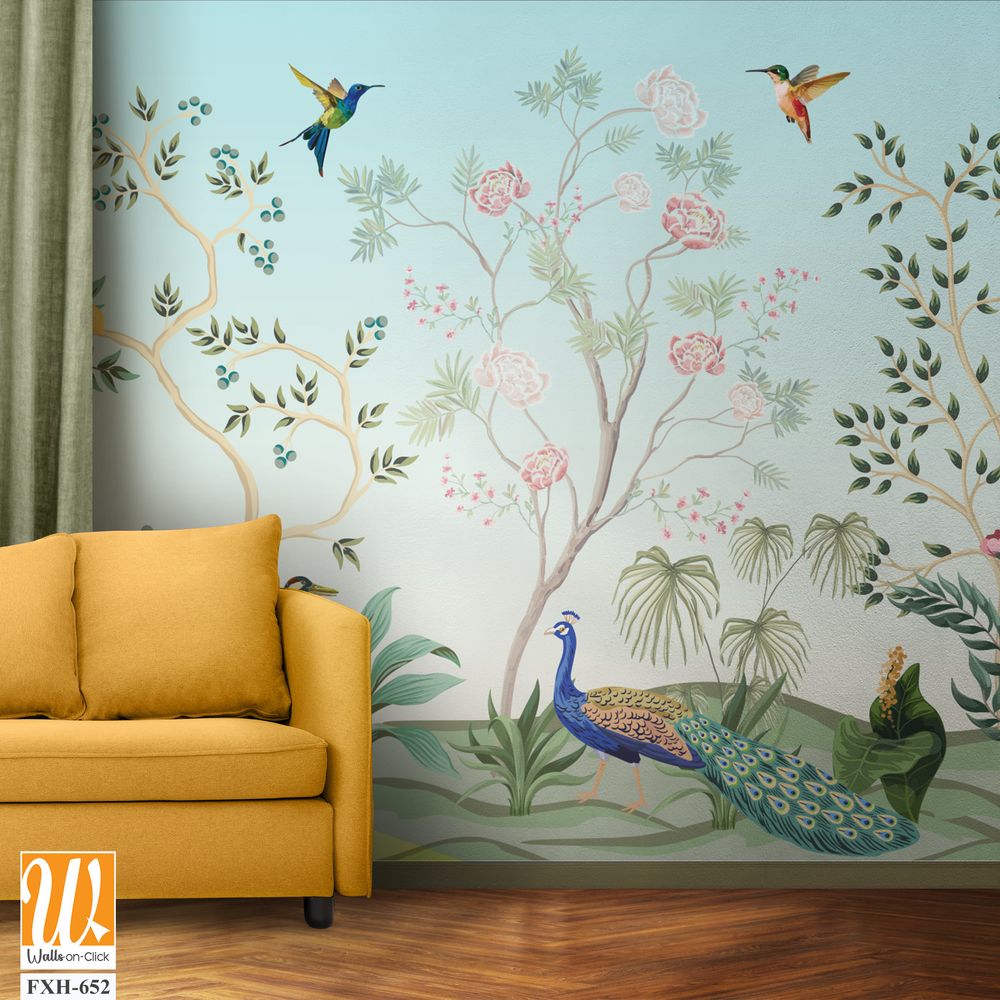 Blossom Chinoisserie Mural wallpaper, Birds, Peacock, Watercolor tree and background. [WP-FXH-652]
