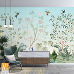 Blossom Chinoisserie Mural wallpaper, Birds, Peacock, Watercolor tree and background. [WP-FXH-652]