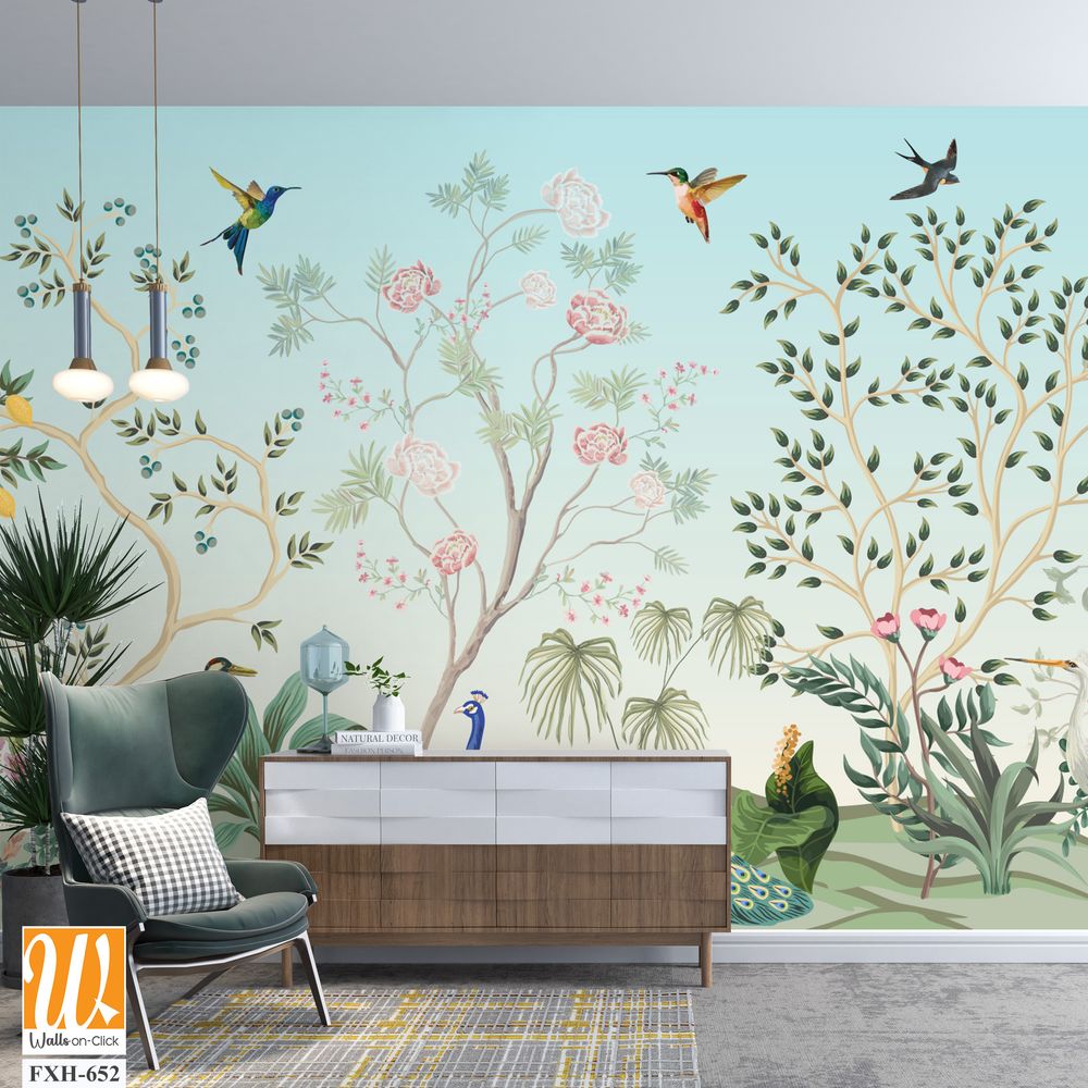 Blossom Chinoisserie Mural wallpaper, Birds, Peacock, Watercolor tree and background. [WP-FXH-652]